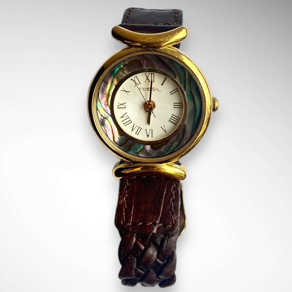 Vintage 90s Fossil Abalone Shell Bezel Watch Braided Leather Strap Boho Rare